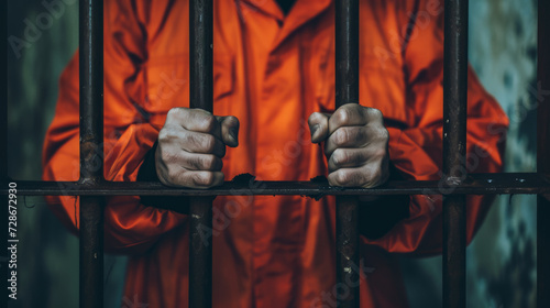 person\'s hands grasping the bars of a prison cell, dressed in an orange prison uniform