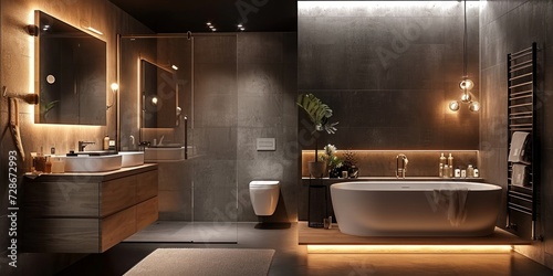 Contemporary bathroom with nighttime lighting featuring shower bathtub mirror and washstand, Generative AI photo