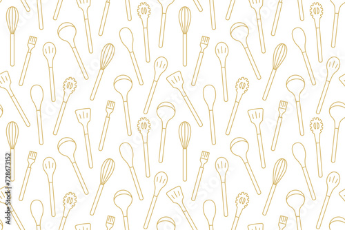 golden seamless kitchen utensils pattern; kitchen, restaurant, menu background- vector illustration