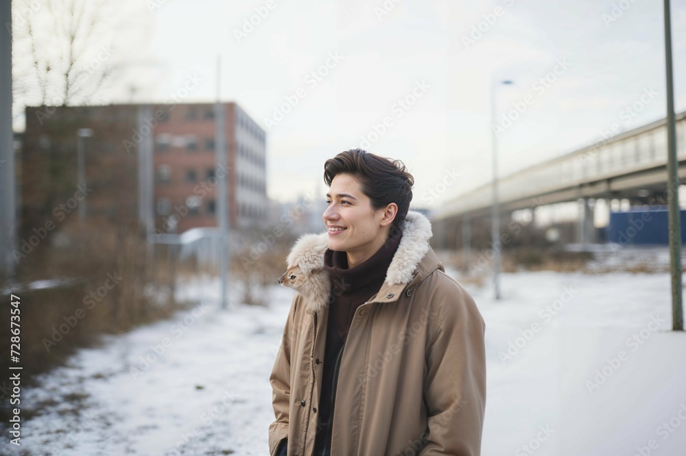 Young Man Smiling During a Winter Stroll Near Overpass: The Warmth of Joy Amidst the Cold