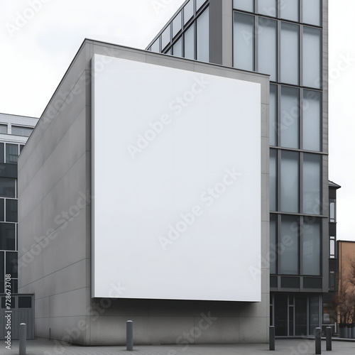 A large blank billboard on a modern building facade. Large building sign mockup.