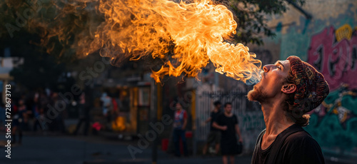 Dynamic Fire Breather Captivating Street Audience at Dusk  An Exhibition of Fearless Performance Art