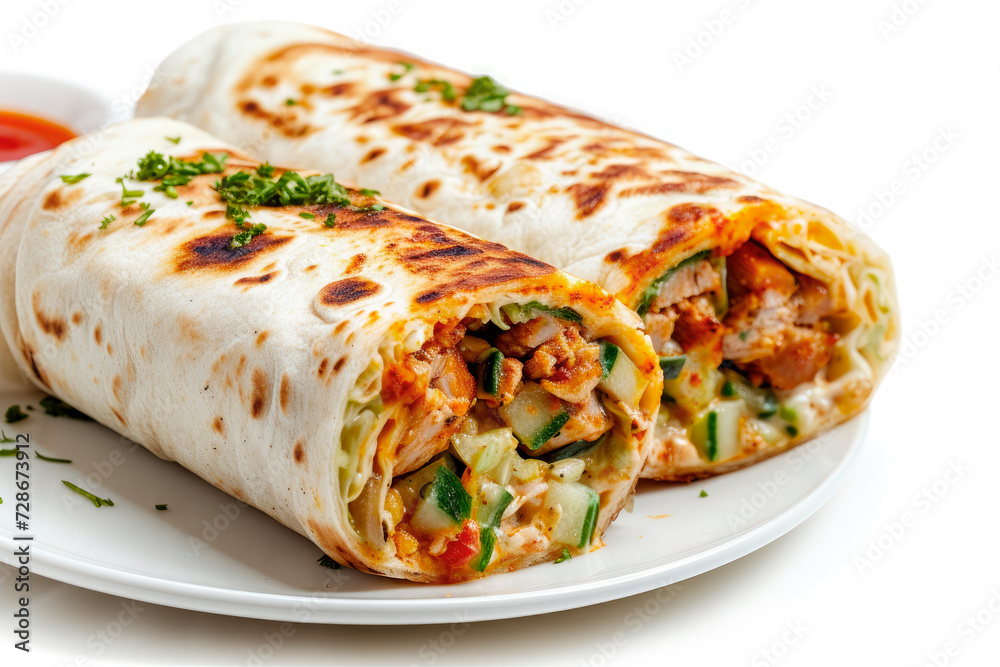 chicken shawarma wrap burrito isolated on white background