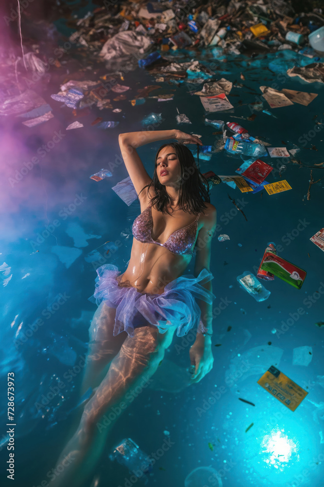 Glamorous woman in a bikini reclining in a pool with floating garbage