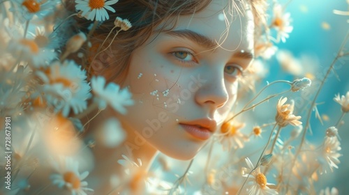 close-up portrait of a girl in a meadow with flowers Generative AI