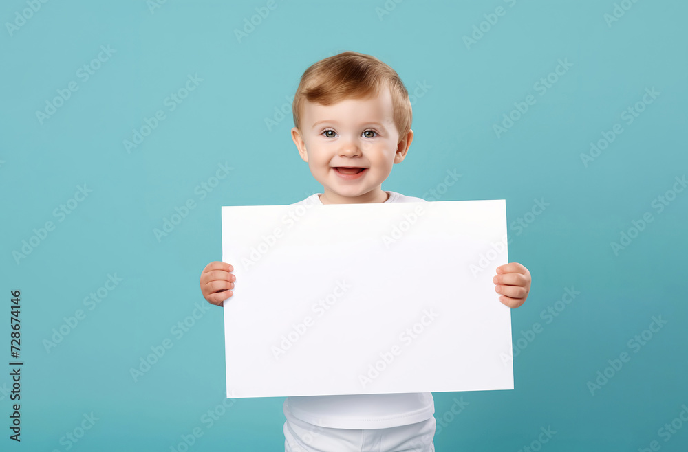boy hold a blank placard sign poster paper in his hands. empty space for editing on pastel blue background boy hold a blank placard sign poster paper in his hands. empty space for editing on pastel blue background