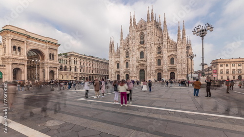 Panorama showing Milan Cathedral and Vittorio Emanuele gallery timelapse.