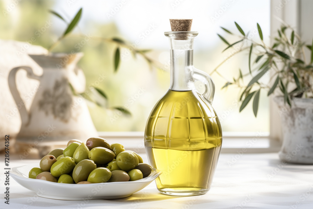 Mediterranean Olive Oil in Glass Bottle Next to Olives and Olive Branch: Healthy Diet Ingredient. Mediterranean Olive Oil in Glass Bottle Next to Olives and Olive Branch: Healthy Diet Ingredient.