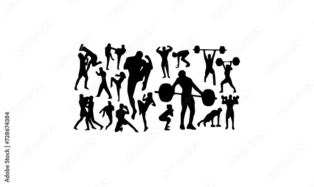 gym people silhouette images, gym people illustration vectors for logo designs,