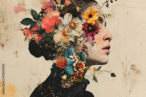 Abstract contemporary art collage portrait of young woman with flowers on face