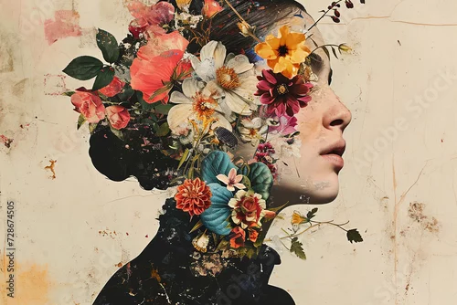 Panel kuchenny z motywem Abstract contemporary art collage portrait of young woman with flowers on face
