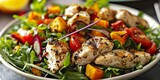 Delicious and healthy chicken salad with roasted veggies and greens, Generative AI