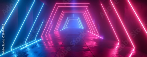 Triangle tunnel colorful neon glowing lights. Laser lines and LED technology create glow in dark room. copy space, wallpaper, mockup. © Almultazam