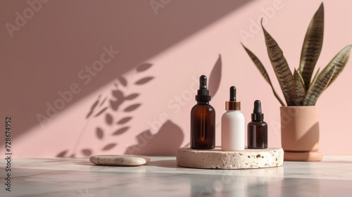 neutral-toned skincare bottles on a circular stone platform with delicate dried flowers in a vase  casting soft shadows in a bright  airy setting.