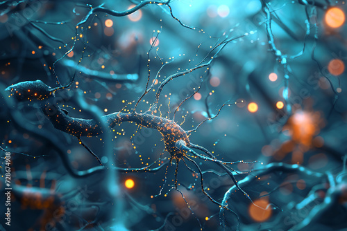 A close-up of a synapse firing, illustrating the transmission of signals between brain cells. Concept of neural communication. Artificial intelligence concept background photo