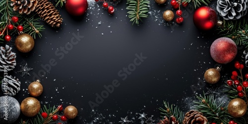 Christmas themed circular border crafted from wintry elements on a black background Flat perspective Festive idea, Generative AI