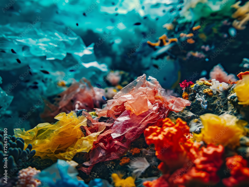 Obraz premium a plastic of colorful recyclable materials showcasing the vibrant textures and varied hues of plastic, paper, and glass, emphasizing the importance of waste reduction and recycling