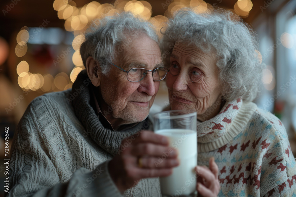 A tender moment as an elderly couple in cozy sweaters shares a glass of milk against a backdrop of warm festive lights. A tender moment as an elderly couple in cozy sweaters shares a glass of milk against a backdrop of warm festive lights.