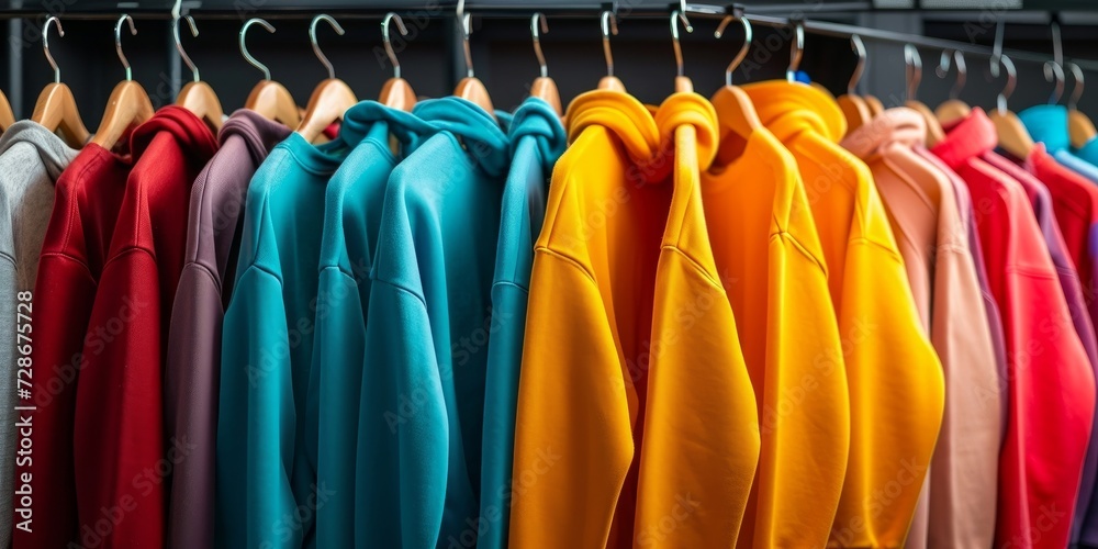 Multicolored youth sweaters and hoodies on hangers in a store clothing concept, Generative AI
