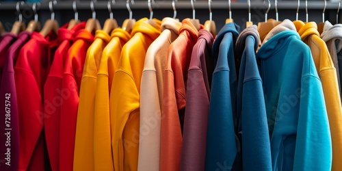 Multicolored youth sweaters and hoodies on hangers in a store clothing concept, Generative AI
