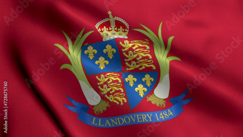 Llandovery City Flag. Waving Fabric Satin Texture Flag of Llandovery 3D Illustration. Real Texture Flag of the Llandovery United Kingdom Banner Collection. High Detailed Flag Animation England, UK