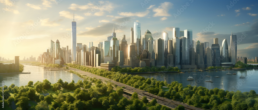 Fototapeta premium Futuristic sustainable green city, concept of city of the future based on green energy and eco industry, future city with skyscrapers and modern buildings.