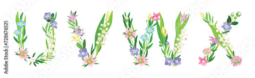 Fototapeta Naklejka Na Ścianę i Meble -  Flower Alphabet with Blooming Meadow Flora Uppercase Letter Vector Set