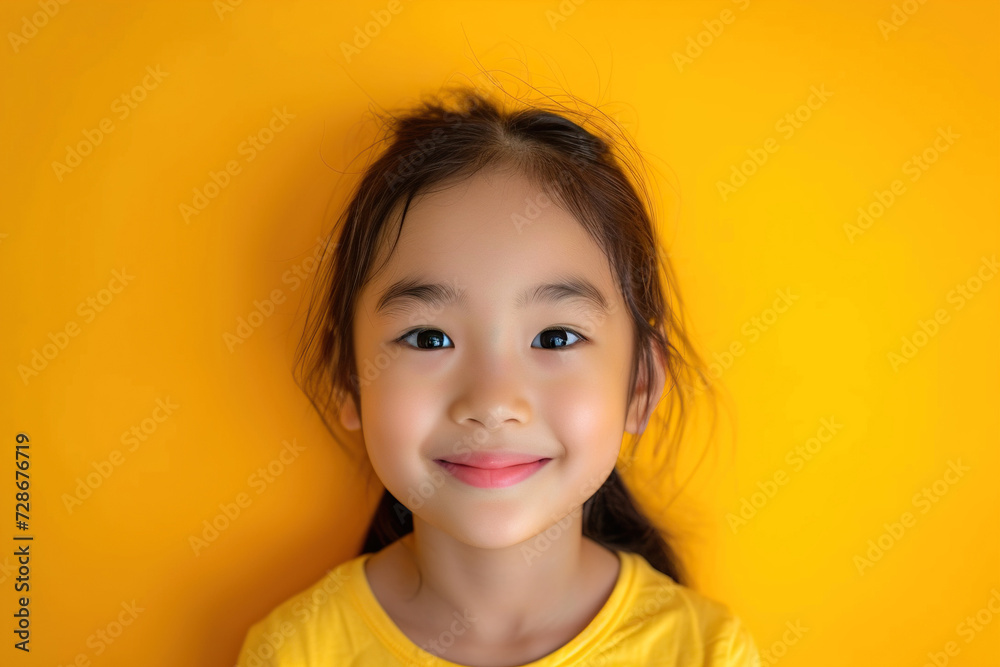 Asian girl smiling against a yellow background Asian girl smiling against a yellow background