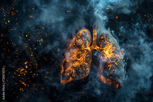 Human lungs and bronchi made of smoke on a black background, lungs of smoke on a dark background with sparks