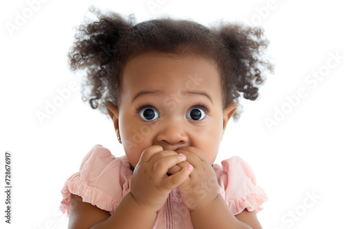 Scared African American baby girl and biting nails in studio with oops reaction on white background.