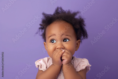 Scared African American baby girl and biting nails in studio with oops reaction on purple background.