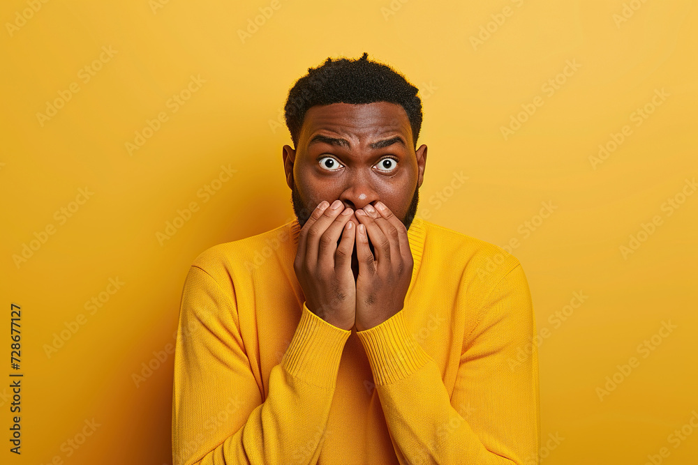 Nervous African American man and biting nails in studio with oops reaction to gossip on yellow background. Mistake, sorry, fake news, drama or secret with regret, shame or awkward Nervous African American man and biting nails in studio with oops reaction to gossip on yellow background. Mistake, sorry, fake news, drama or secret with regret, shame or awkward