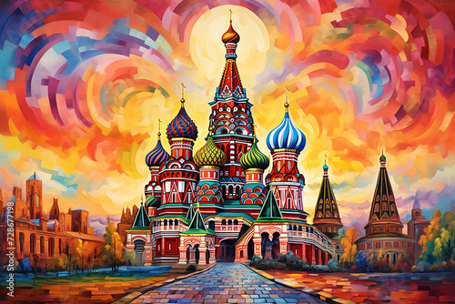 Beyond the Streets: St. Basil's Cathedral Embraces Picasso-esque Murals and Multicolored Landscapes in a Vibrant Panorama