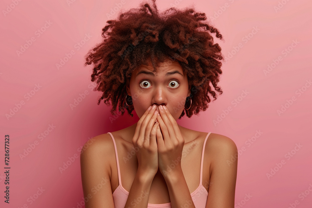 Nervous, African American woman and biting nails in studio with oops reaction to gossip on pink background. Mistake, sorry and female overwhelmed by fake news, Nervous, African American woman and biting nails in studio with oops reaction to gossip on pink background. Mistake, sorry and female overwhelmed by fake news,