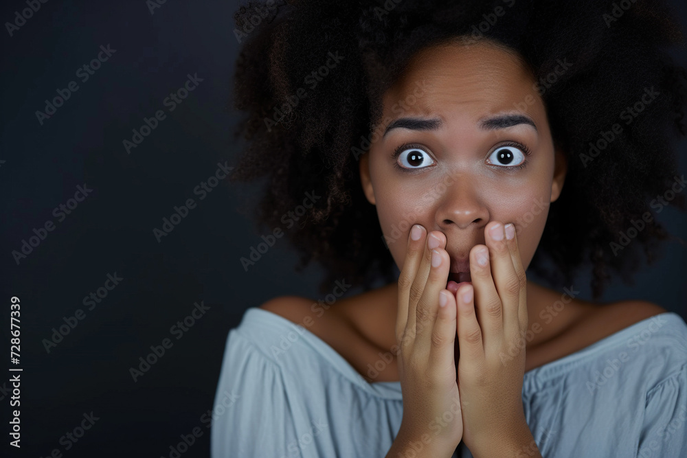 Nervous, African American woman and biting nails in studio with oops reaction to gossip on black background. 