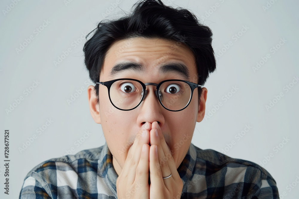 Nervous Asian man and biting nails in studio with oops reaction to gossip on white background. Mistake, sorry and male overwhelmed by fake news, drama or secret with regret, shame or awkward Nervous Asian man and biting nails in studio with oops reaction to gossip on white background. Mistake, sorry and male overwhelmed by fake news, drama or secret with regret, shame or awkward