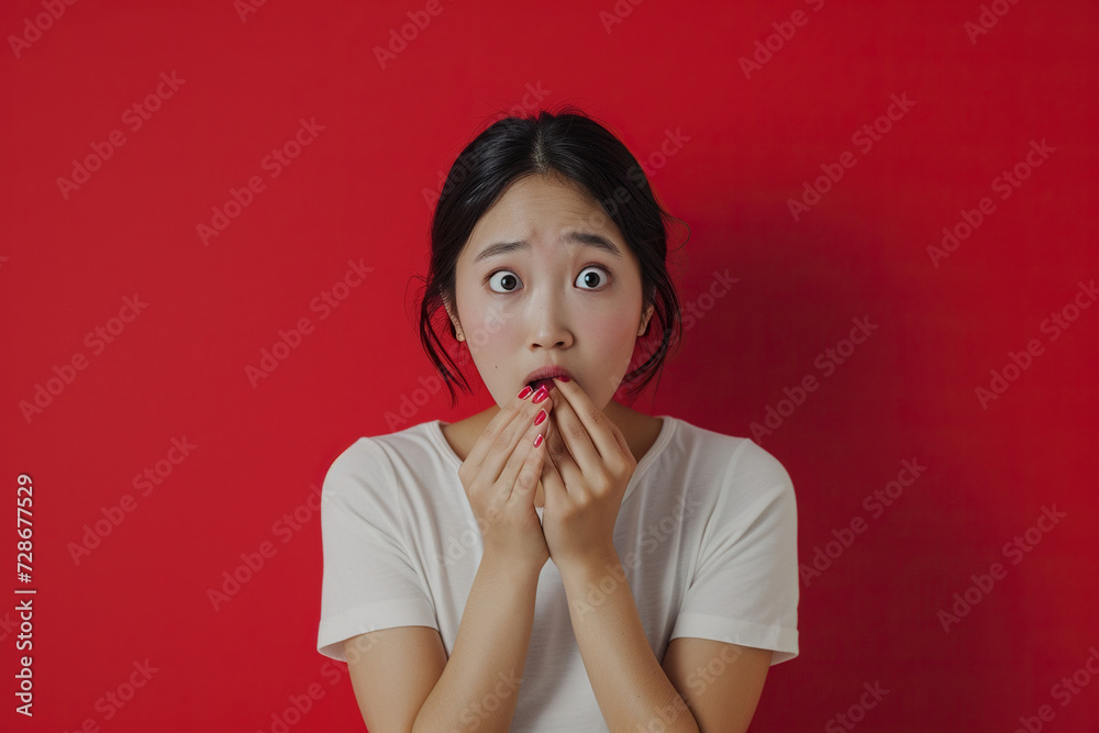 Nervous, Asian woman and biting nails in studio with oops reaction to gossip on red background. Mistake, sorry and female overwhelmed by fake news, drama or secret with regret, shame or awkward Nervous, Asian woman and biting nails in studio with oops reaction to gossip on red background. Mistake, sorry and female overwhelmed by fake news, drama or secret with regret, shame or awkward