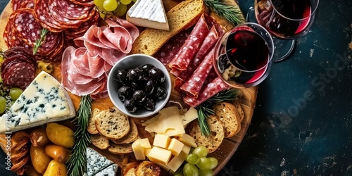 Holiday-themed charcuterie board with assorted cheeses, meats, and wine, top-down view with space for text, Generative AI