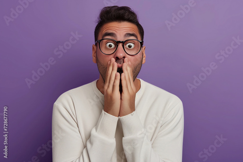 Nervous Latin man and biting nails in studio with oops reaction on purple background. Mistake, sorry, drama or secret with regret, shame or awkward