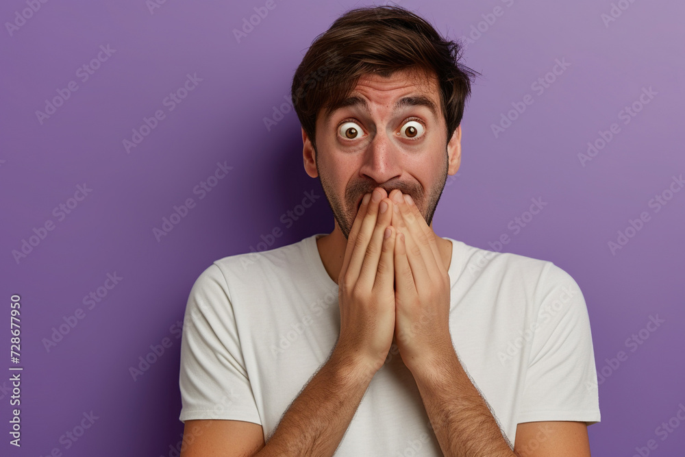 Nervous man and biting nails in studio with oops reaction to gossip on purple background. Mistake, sorry, fake news, drama or secret with regret, shame or awkward