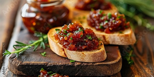 Jar of bacon jam spread on toasted baguette. Close-up, Generative AI photo