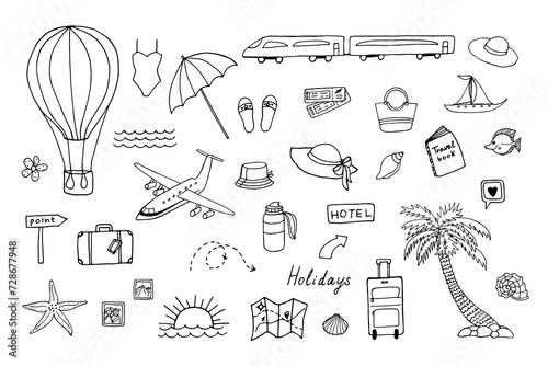 Travel Vacation vector doodle set. Vehicles, luggage and clothing for your vacation isolated on white background. Hand drawn drawings with black pen on the theme of travel.