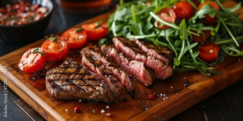 Close-up of sliced grilled beef striploin steak and salad with tomatoes and arugula on cutting board, Generative AI