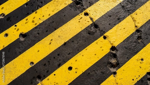 warning sign yellow and black stripes painted over concrete wall coarse facade with holes and imperfections as texture background empty space concept for do not enter the area caution danger © Emanuel