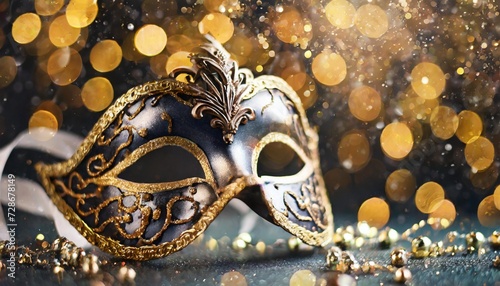 luxury venetian mask on dark godlen bokeh background new year and christmas party celebration design banner