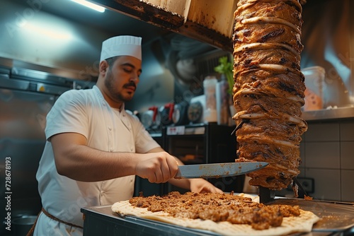 Chef in a traditional white uniform and tall chef's hat is carefully slicing meat from a large rotating doner kebab in a restaurant's kitchen photo