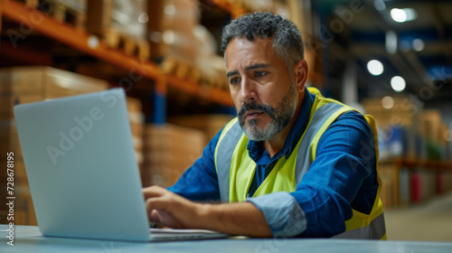 man wearing a hi-vis vest working on a laptop