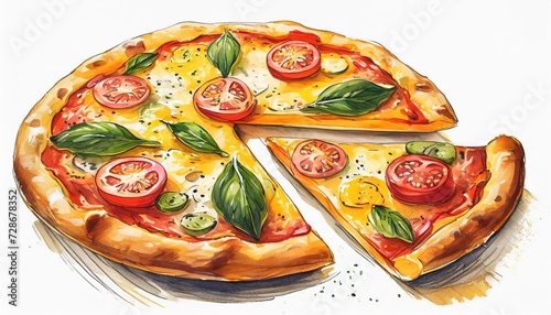 hand drawn tasty delicious pizza slice isolated on white background