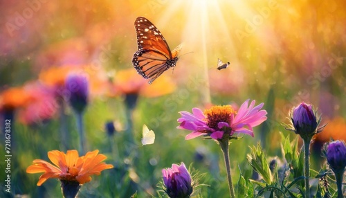 art beautiful summer sunset background with blooming wild lovanda flowers and flying butterflies in a sunny meadow