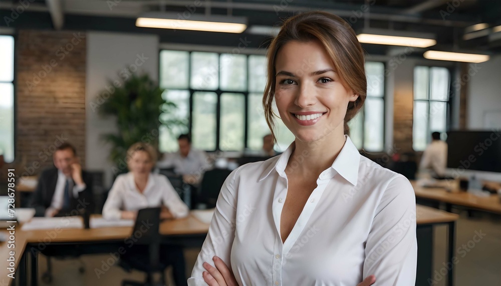Young and elegant businesswoman smiling and looking at the camera standing in the office.
